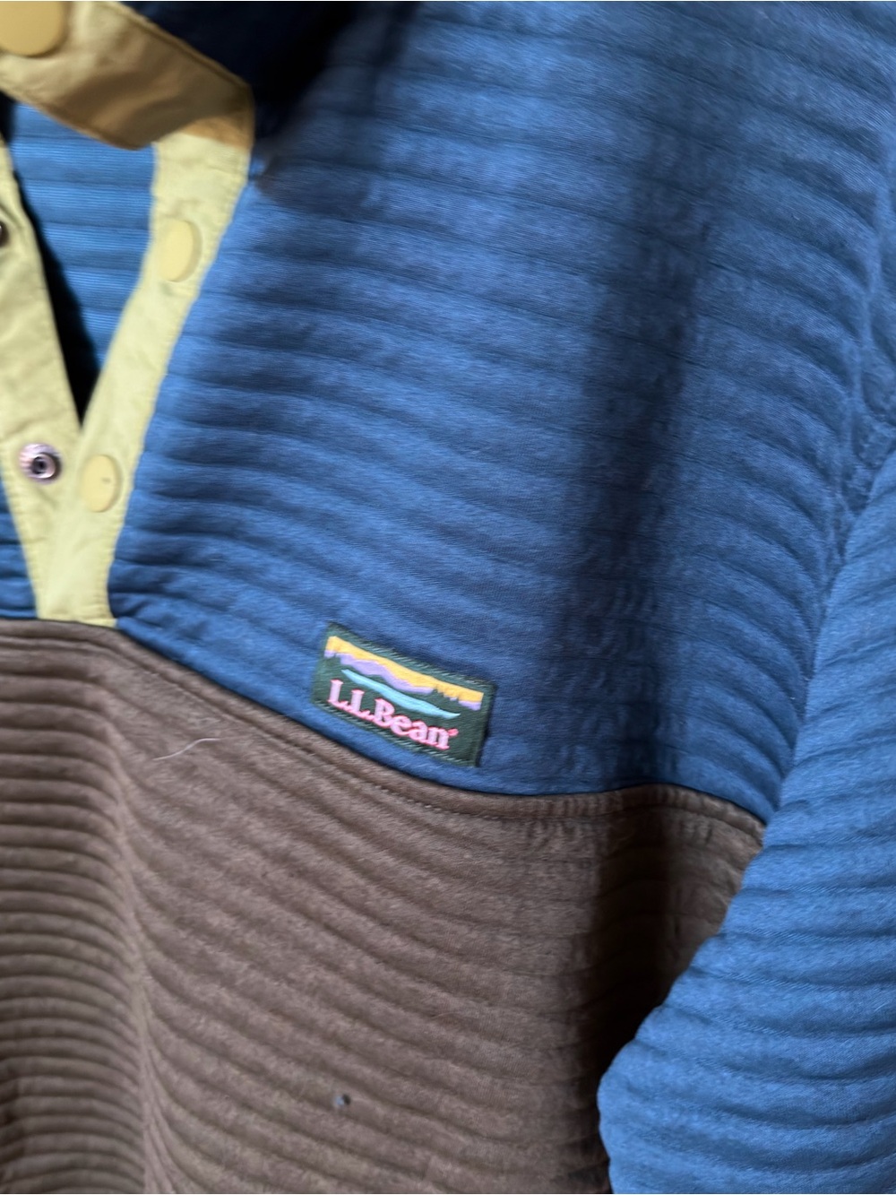 L.L. Bean Quilted Colorblock Crewneck Pullover - Blue, Brown & Tan